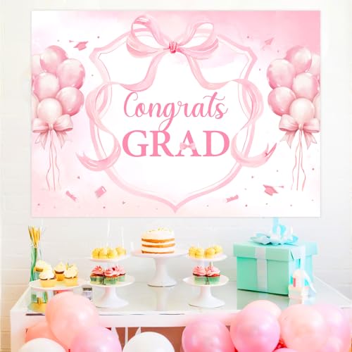Pink Bow Graduation Party Decorations Backdrop Banner 7 x 5 ft Congrats Grad Background Photo Booth Prop Vinyl Pre-Punched Hole for Girl Class of 2026 Congrats Grad Congratulations Party - size: 7*5ft