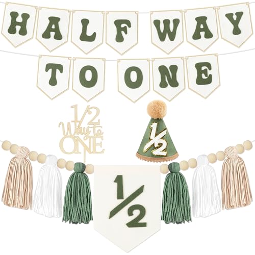 1/2 Birthday Boy Half Birthday Decorations - White Green Half Way to One Banner Cake Topper Tassel Wood Bead High Chair Banner Hat for Boys 6 Months Birthday Decorations Party Supplies - color: Army Green