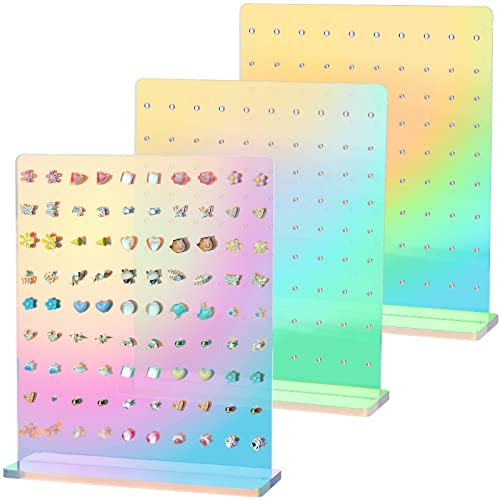 NiHome Acrylic Earring Stand 3PCS, Exquisite Double-Sided Acrylic Earring Organizer with 90 Holes Each - Lightweight and Sturdy Material, Unique Design with Larger Holes for Special Sizes - color: Iridescent-Square Base