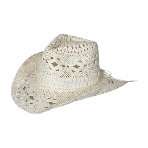 Straw Cowboy Hats Ventilated Hollow Round Foldable Sun Hats for Women Summer Western Cowgirl Beach Hat Photo Prop - color: Warm White