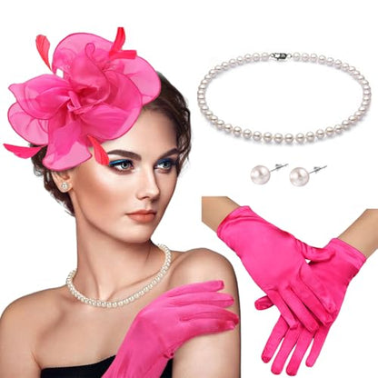 Fascinators Hats with Gloves Set for Women 20s 50s Cocktail Tea Party Wedding Costume Headwear - color: 03-rose Red
