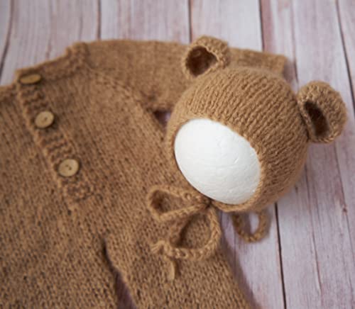 Coberllus Newborn Photography Props Outfits Mohair Bear Hat & Footed Romper for Baby Photo Props Newborn Photo Shoot Props - color: Dark Khaki