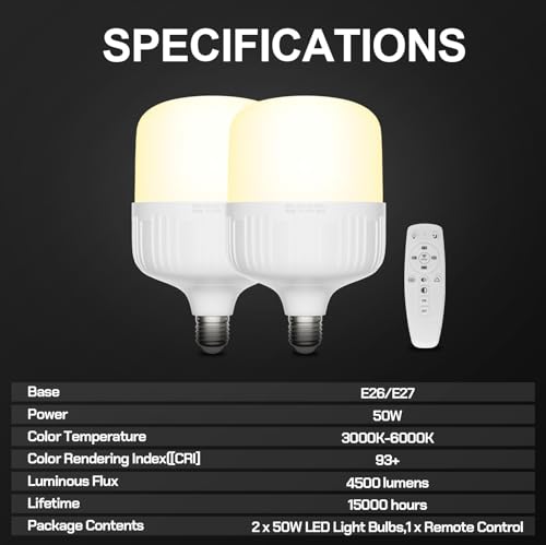 EMART Full Spectrum Light Bulb, 50W Dimming 3000K-6000K LED Lamp for Softbox Lighting Kit, Photography Studio, Home, Office, Garden, Grow Plant -2 Packs - size: 50w-2 Packs