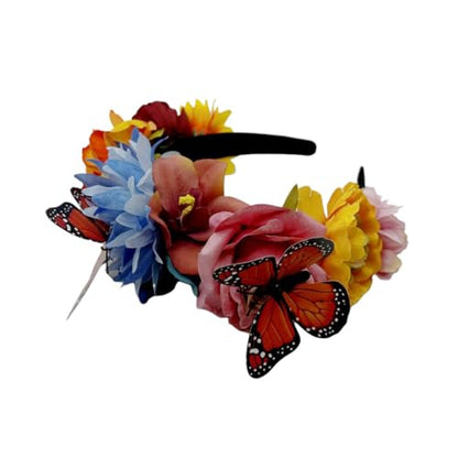 Elegant Butterfly Flower Headband for Women Boho Handmade Rose Floral Crown Wedding Bridal Festivals Cosplay Prom Photo Props Headpiece (C2 blue, Adjustable) - color: C2 blue