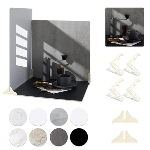 BEIYANG 4PCS 16x16 Inch Backdrop Boards and 1PCS 15x19 Inch Window Shadow Pane, Perfect Backdrop Kit for Small Product Such as Food Drink Make-up Flower, Durable Waterproof - color: 4 Patterns + Shadow Pane 16x16