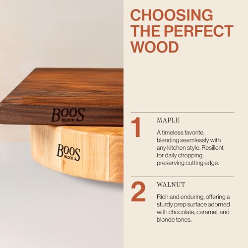 John Boos B Series Square Wooden Walnut Cutting Board 12”x12” – 1.5” Thick, 5-lb Non-Reversible Butcher Block with Wood Bun Feet & Edge-Grain - color: Walnut with Wood Feet, size: 12"L x 12"W
