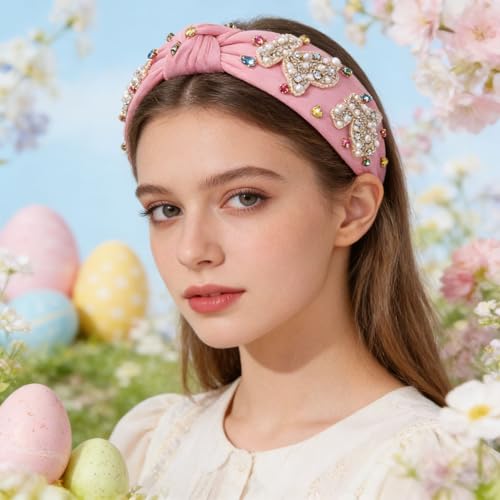NVENF Easter Headband for Women Beaded Easter Rabbit Bunny Headbands White Pink Crystal Pearl Knotted Hairband Happy Spring Holiday Headwear Outfits Gifts (Rabbit B - Pink) - color: Rabbit B - Pink