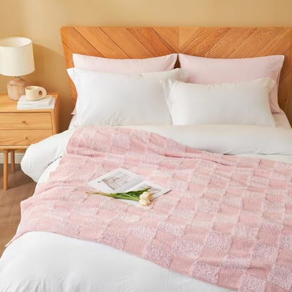 Snuggle Sac Checkered Throw Blanket,Fluffy Faux Fur Knitted with Soft Microfiber Warm Throw Blankets for Couch, Sofa, Chair, Bed, Camping, Picnic, Travel, Solid Pink, 50x60 inches - color: Solid Pink, size: Throw(50"x60")