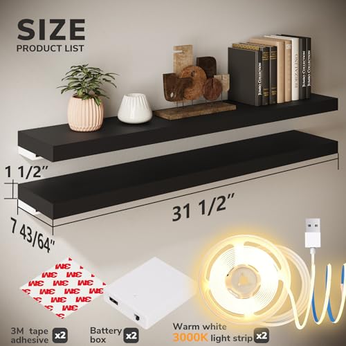 BAMEOS Floating Shelves with LED Light, Wall Mounted Wooden Shelves with Invisible Brackets, Set of 2, Hanging Wall Shelves for Bedroom, Bathroom, Living Room and Kitchen(31", Blcak) - color: Black-cob, size: 31 x 7