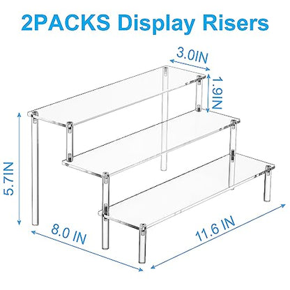 HENABLE 2PCS Large Acrylic Display Risers, Perfume Stand Organizer, Clear Acrylic Shelf Risers for Display Stands for Food, Tabletop Use, Amiibo Funko POP Figure, 3 Tier Clear Cupcake Stand Risers