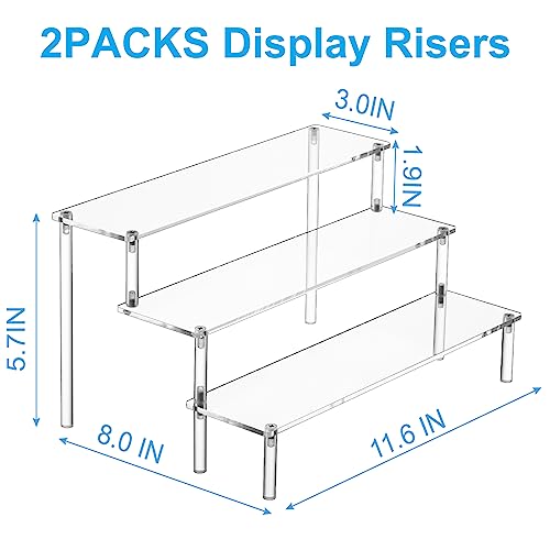 HENABLE 2PCS Large Acrylic Display Risers, Perfume Stand Organizer, Clear Acrylic Shelf Risers for Display Stands for Food, Tabletop Use, Amiibo Funko POP Figure, 3 Tier Clear Cupcake Stand Risers