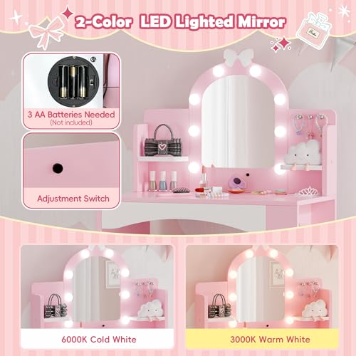 MU Kids Vanity with Lights, Princess Makeup Vanity Table and Chair Set for Girls, Toddler Vanity Desk with Open Bookshelf, Storage Cabinet & Shelves, Stools, Pink - color: Pink