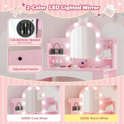 MU Kids Vanity with Lights, Princess Makeup Vanity Table and Chair Set for Girls, Toddler Vanity Desk with Open Bookshelf, Storage Cabinet & Shelves, Stools, Pink - color: Pink