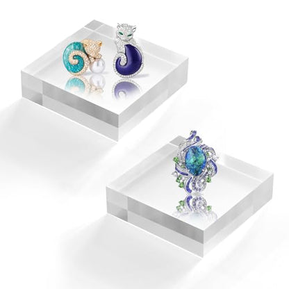 SAMYUCHO Acrylic Base Stand 2 Pieces Acrylic Blocks for Display 4 X 4 X 1 Inch Clear Polished Block Square Cube Riser Display Pedestal Stands for Jewelry Perfume Ring Collection Props Cake