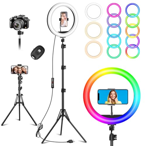 10.3" Selfie Ring Light with Stand and Phone Holder, 73" Tripod, 96 RGB Lighting Modes, Remote for iPhone &Android Camera. LED Halo Light for Photo, Video Recording, TikTok. Circle Ringlight Dimmable - size: 10.3 inch - 29 RGB Lighting Modes
