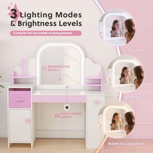 Kids Vanity with Lights and Chair, Princess Makeup Vanity Desk with Mirror Bookshelf Storage Cabinet,3 in 1 Toddler Vanity Table,Children Makeup Dressing Table,Pretend Play Vanity Set for Little Girl