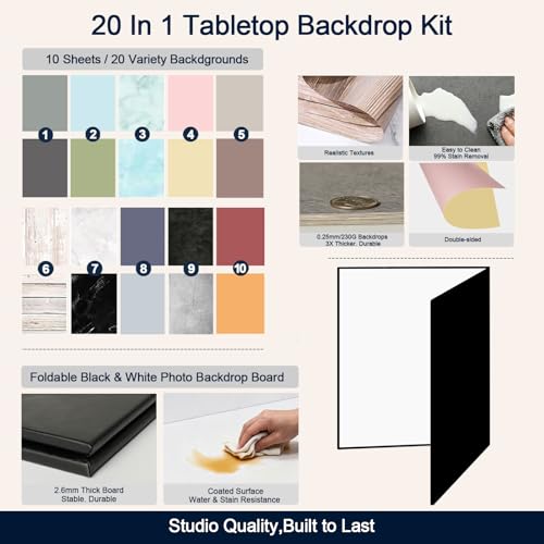 Yoocheese Photo Backdrop for Product Photography - Tabletop Photo Backdrop Kit - 10 Double-Sided Backgrounds, 20 Patterns - 1-Min Setup for Food Photography & Small Products, 16.5 x 11.7 in - color: Mulit