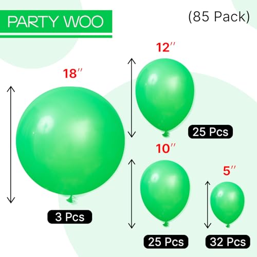 PartyWoo Green Balloons, 85 pcs Green Balloons Different Sizes Pack of 18 Inch 12 Inch 10 Inch 5 Inch for Balloon Garland Arch as Birthday Decorations, Wedding Decorations, Baby Shower Decorations - color: Green-y24