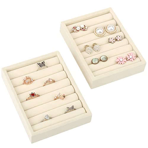 DesignSter Small Jewelry Tray-Ring Organizer 2PCS Premium Velvet Rings Earrings Display Tray Storage Insert Holder for Jewelry Box, Drawer, Dresser (8 Slots, Beige) - color: Beige, size: 8 Slots