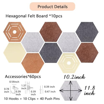 10 Pcs Hexagon Bulletin Board,11.8x10.23x0.47inch Self-Adhesive Felt Bulletin Board Tiles Pinboard Boho Home Office Wall Decor Pin Display Boards for Vision Photo Memo (40 Push Pins,10 Clips,10 Hooks)