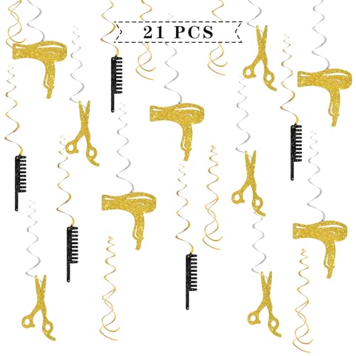 Barber Hanging Swirl Decorations - Glitter 21 Pcs Haircut Salon Party Supplies - Barber Bday Birthday Party - Engagement - Haircut Salon Streamers - Hair Salon Foil Swirls Ceiling Decorations
