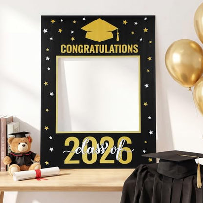 Vicenpal Large Graduation Photo Booth Prop PVC Frame for Photoshoot Class of 2026 Decoration Congrats Grad Party 32 x 24 Inch Black and Gold Hollow Board Suitable for Graduation Party Supply Gifts