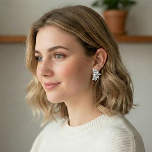 Mariell Clip-On Cubic Zirconia Crystal Bridal Earrings, Marquise Shape CZ Curved Clusters, Women Earrings for Wedding, Bridesmaids, Homecoming, Mother of the Bride - color: Silver Clip On