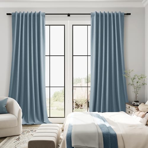 Guken Blue Linen 100% Blackout Curtains for Bedroom 84 Inches Long 2 Panels Set Back Tab Hook Belt Drapes Black Out Light Blocking Thermal Insulated Privacy Living Room Nursery Modern Farmhouse 52x84 - color: Blue, size: 52"W x 84"L (Pack of 2)