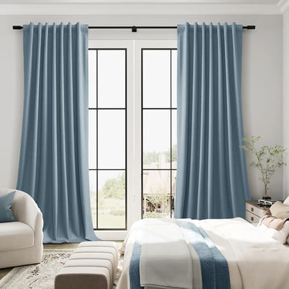 Guken Blue Linen 100% Blackout Curtains for Bedroom 84 Inches Long 2 Panels Set Back Tab Hook Belt Drapes Black Out Light Blocking Thermal Insulated Privacy Living Room Nursery Modern Farmhouse 52x84 - color: Blue, size: 52"W x 84"L (Pack of 2)