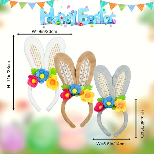 3 Pack Luxurious Easter Bunny Ears Headband Cute Plush Rabbit Ears for Kids Adult Cosplay Birthday Party Supplies - color: 3pcs Headband With Flowers-2