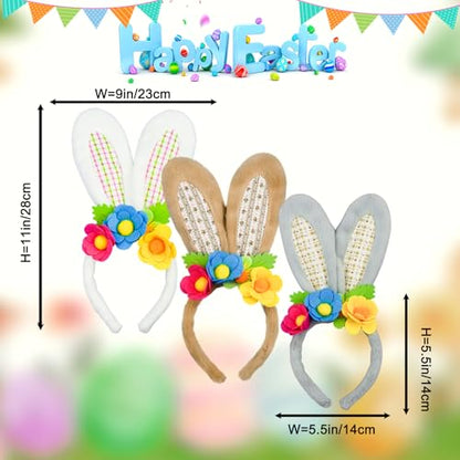 3 Pack Luxurious Easter Bunny Ears Headband Cute Plush Rabbit Ears for Kids Adult Cosplay Birthday Party Supplies - color: 3pcs Headband With Flowers-2