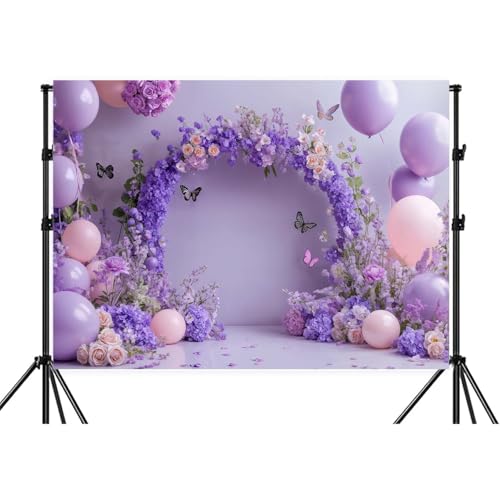 7x5ft Flower Backdrop Purple Lavender Floral Butterfly Balloon Photography Background for Girls Birthday Party Princess Weeding Bridal Baby Shower Events Party Decor Backdrop Banner Photo Booth Prop - color: Purple Pink-03, size: 7X5FT