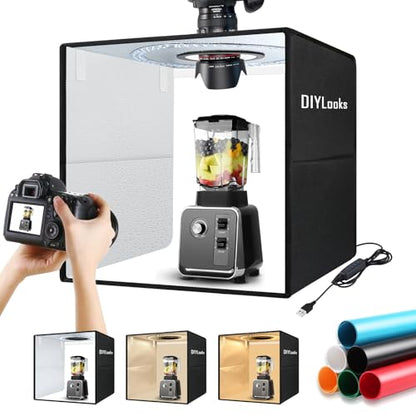 16x16x16 Inch Portable Folding Photo Studio Box with Dimmable Ring Light (224 LEDs, CRI>95, 3200-6500K) & 6 Backdrops for Product Photography, YouTube Videos, Smartphone - size: 16inch