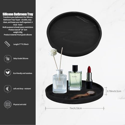 Silicone Bathroom 7" Tray Vanity Tray Trinket Tray for Scrubber, Lotion Bottles, Perfume, Jewelry, Candle, Key Trinket Ring (Black) - color: Black (Round)