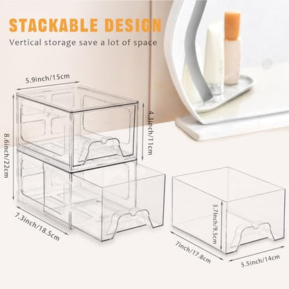 Stebopum 4 Pack Stackable Makeup Organizer, 4.4'' Tall Acrylic Bathroom Makeup Organizer and Storage Drawer with Pull-out Handle, Clear Plastic Storage Bins for Vanity,Pantry,Desk,Undersink,Kitchen - style: 4pack Small