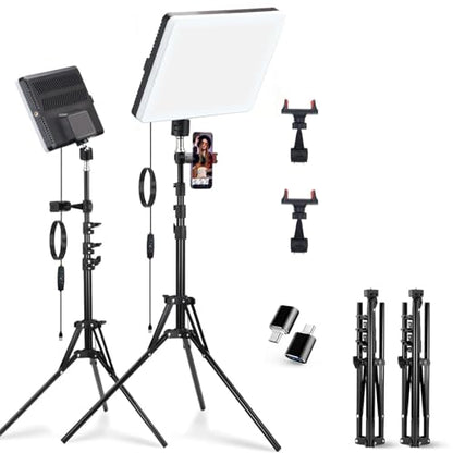 2-Pack LED Video Light Panel, 2700K-7500K Bi-Color Dimmable Photography Lighting Kit with 60" Tripod Stands & Phone Holders, CRI 95+ Studio Lights for Streaming, YouTube, TikTok, Zoom