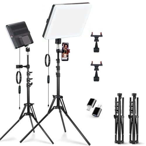 2-Pack LED Video Light Panel, 2700K-7500K Bi-Color Dimmable Photography Lighting Kit with 60" Tripod Stands & Phone Holders, CRI 95+ Studio Lights for Streaming, YouTube, TikTok, Zoom