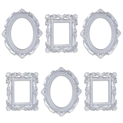6 Pcs Mini Frames, Silver Small Vintage Picture Frames Antique Resin Photo Frame for DIY Craft Galley Wall Hanging Jewelry Display Shooting Photo Props Christmas Decor (Without Backings) - color: Silver, style: Style 1