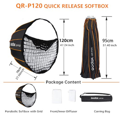 Godox Quick Release Parabolic Softbox,QR-P120 47.2”/120cm Portable Bowens Mount Softbox with Honeycomb Grid,Carry Bag,Front/Inner Diffuser for AD600BM SL60W VL150 UL150 SL200II Studio LED Video Light - size: QR-P120