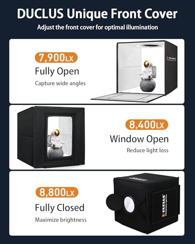 DUCLUS Light Box Photography, 12"x12" Photo Booth Box with 120 LED Lights Dimmable & CRI＞95, Portable Lightbox with 8 Backdrops for Mini Product Photography: Jewelry, Cards, Watches - size: 12 inches