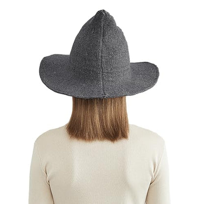 Halloween Witch Hat for Women Wide Brim Foldable Wizard Hat Wool Knit Pointed Cap Cosplay Costume Accessory - color: Dark Grey