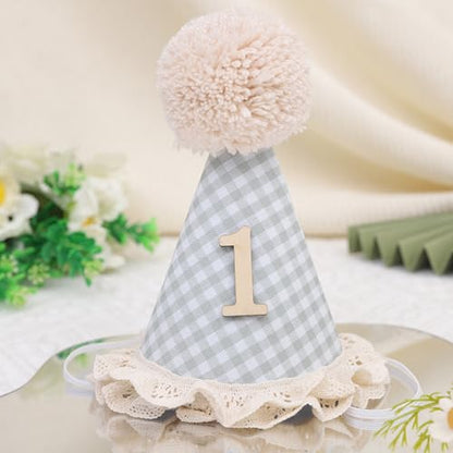WAOUH Boho 1st Birthday Crown - Unisex Adjustable Baby Hat with Pom Topper, Felt Party Decoration & Photo Props - color: Green Plaid