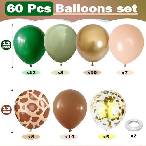 Sage Green Brown Balloons, 60 Packs 12 inch Olive Green Gold Safari Balloons with Animal Print Balloons for Wild One Jungle Baby Shower Boys Hunting Tropical Woodland Birthday Party - color: Green Brown Gold
