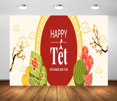 BELECO 15x8ft Fabric Happy TET Vietnamese New Year Backdrop TET Decorations Lunar New Year Background Asian New Year Party Decorations Holiday Photoshoot Studio Props - size: 15x8ft