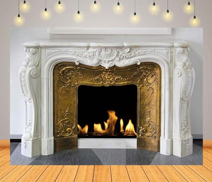 8x6ft White Marble Fireplace Backdrop Interior European Style Stone Fireplace Photo Backdrop Winter Christmas Fireplace Photography Background Home Decor Photo Booth - size: 8x6FT