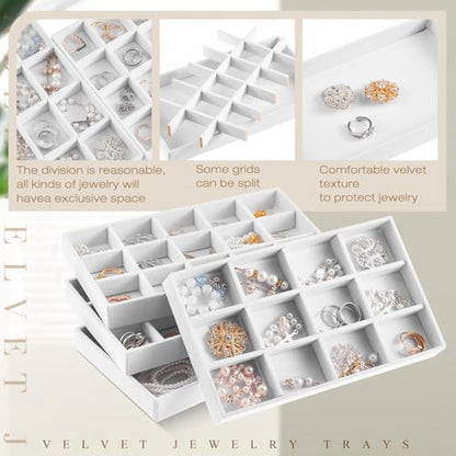 Junkin 12 Pcs Jewelry Tray Velvet Stackable Jewelry Organizer Trays Divided Earring Accessories Storage Containers Box (Rose Red) - color: White