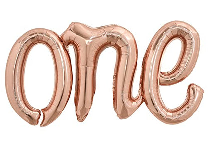 TONIFUL Rose Gold One Balloons Banner, 42*16 Inch Mylar Foil Script,Cursive Letter ONE Sign Banner Balloon Bunting Reusable Ecofriendly Material for Boys Girls Kids First Birthday One Year Old Party - color: One-rose Gold