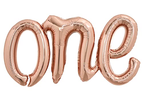 TONIFUL Rose Gold One Balloons Banner, 42*16 Inch Mylar Foil Script,Cursive Letter ONE Sign Banner Balloon Bunting Reusable Ecofriendly Material for Boys Girls Kids First Birthday One Year Old Party - color: One-rose Gold