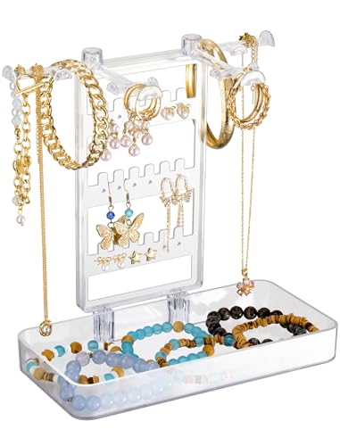 NiHome Acrylic Jewelry Display Stand with Tray – Clear Necklace, Bracelet & Earring Organizer, 21x20x10cm Desktop Holder, Space-Saving Jewelry Storage for Vanity & Bedroom - color: 1 PACK