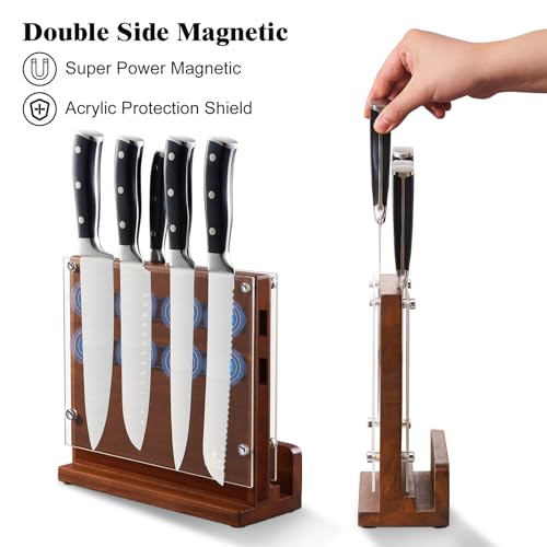 ENOKING Magnetic Knife Block with Acrylic Shield, Double Side Kitchen Knife Holder without Knives- Acacia Wood Universal Knife Storage Organizer with Powerful Magnet for Kitchen Counter - size: 10*9 inches